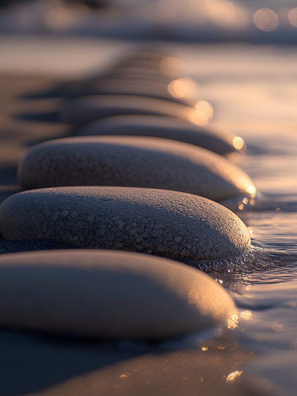 Close-Up View of Rounded Stepping Stones Leading Through a Calm Stream